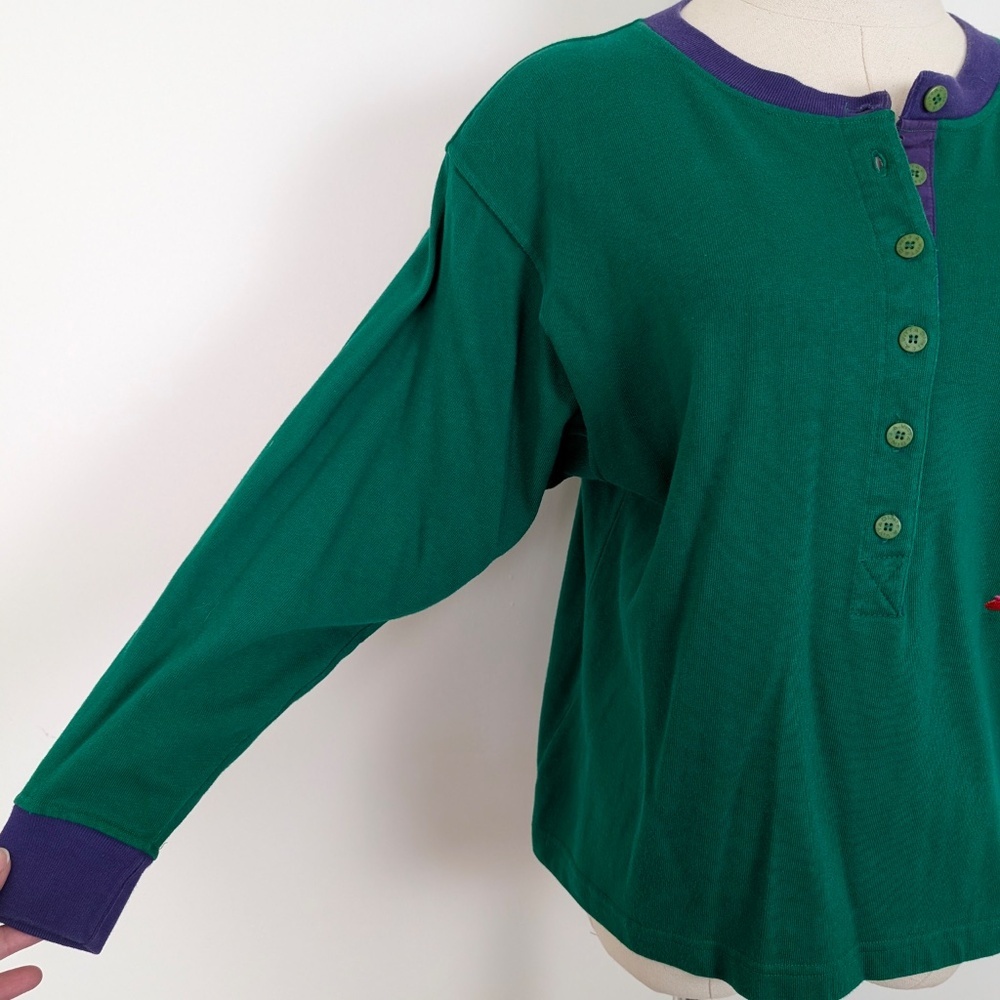 80s Adrienne Vittadini 3/4 Sleeve Pony Shirt Equestrian Embroidered Crest Button - Picture 3 of 9